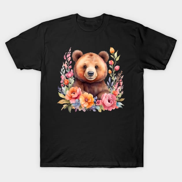 A brown bear decorated with beautiful watercolor flowers T-Shirt by CreativeSparkzz